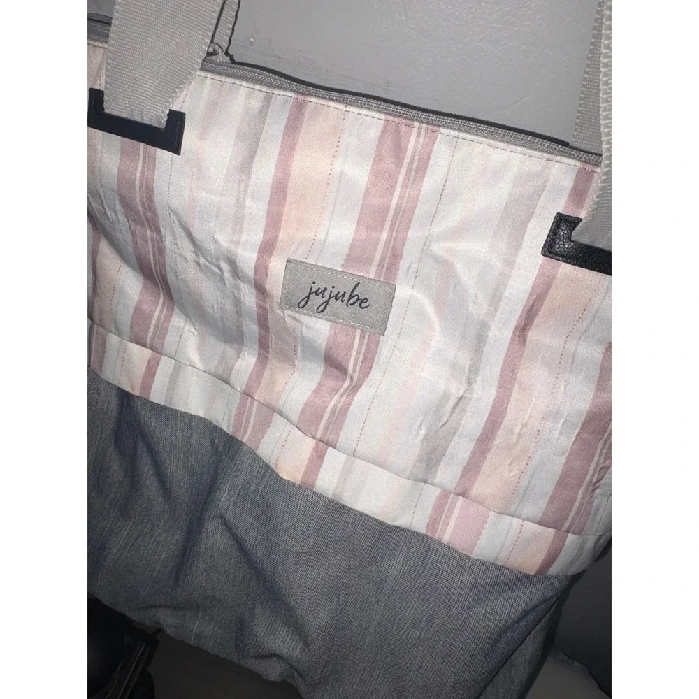 JuJuBe Diaper Bag Tote Pink Gray Striped Baby Bag Large Zip Top